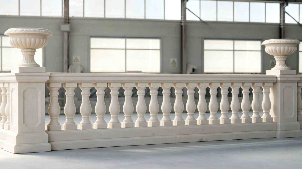 Classic white marble balustrade with vase-shaped spindles and urn finials, crafted for wedding conservatory railings.